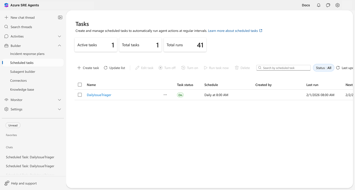Screenshot del dashboard delle attività pianificate che mostra l'elenco attività e la barra degli strumenti.