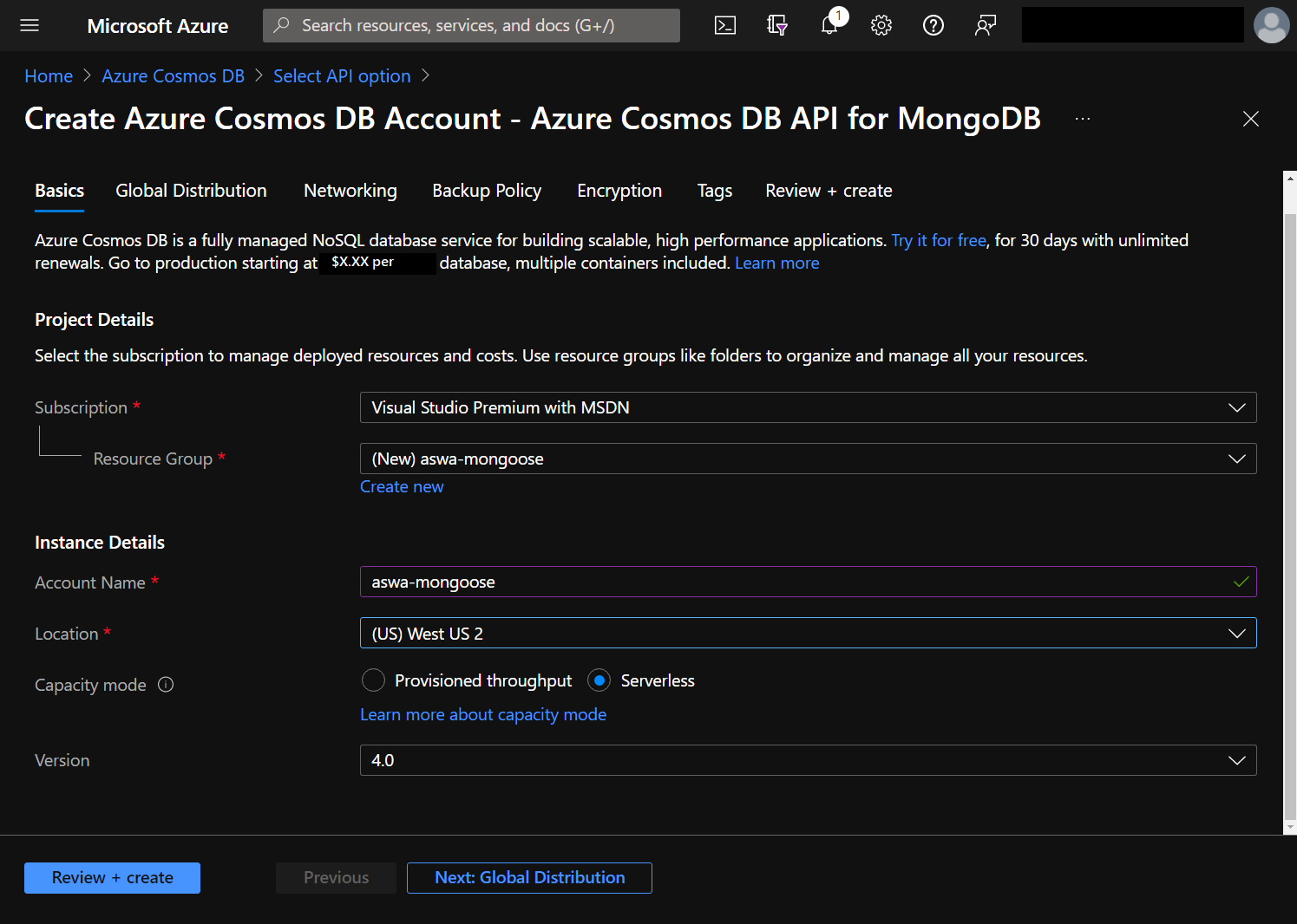 Screenshot che mostra il modulo per la creazione di una nuova istanza di Cosmos DB.