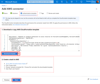 Una cattura dello schermo che mostra la scheda del Modello di Autenticazione. Sono visualizzati il modello AWS CloudFormation e le istruzioni per la creazione dello stack.