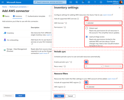 Cattura di schermo che mostra la pagina di creazione del connettore Multicloud con il riquadro delle impostazioni di inventario aperto. Vengono visualizzati i campi di inventario necessari.