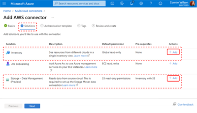 Un ritaglio di schermata che mostra la pagina di creazione del connettore multi-cloud con la scheda Inventario selezionata e gli oggetti Inventario necessari visualizzati.