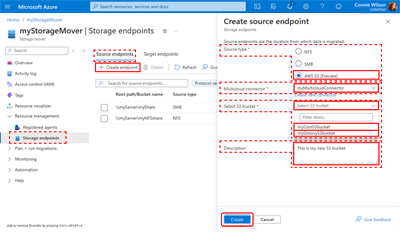 Cattura schermo che mostra la pagina Endpoint con il riquadro Crea endpoint di origine e i campi obbligatori visualizzati.