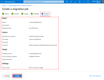 Schermata che mostra la pagina Crea un Job di Migrazione con la scheda 'Revisione' selezionata e tutte le impostazioni visualizzate.