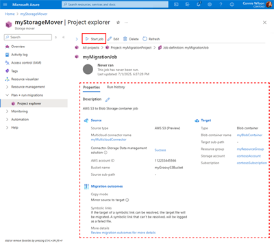 Una cattura di schermo che mostra la pagina dei dettagli del processo di migrazione con la scheda Proprietà e il pulsante Avvia attività evidenziato.
