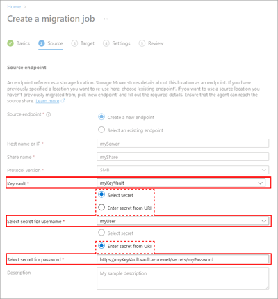 Screenshot dei campi necessari per creare una nuova risorsa endpoint di origine SMB.
