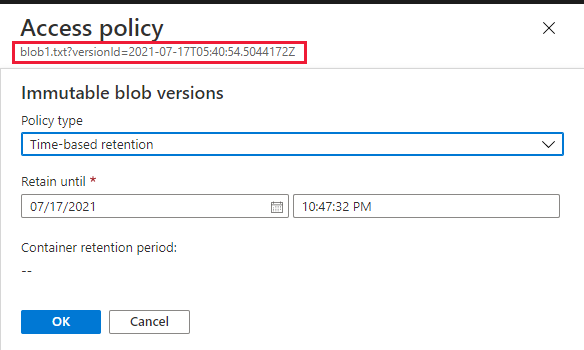 Screenshot che mostra come configurare i criteri di conservazione per una versione precedente del BLOB in portale di Azure