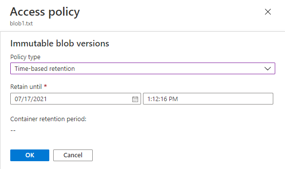 Screenshot che mostra come configurare un criterio di conservazione per la versione corrente di un BLOB