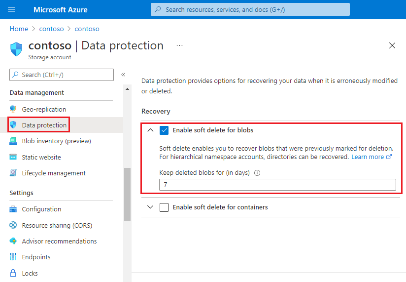 Screenshot showing how to enable soft delete in the Azure portal in accounts that have a hierarchical namespace.