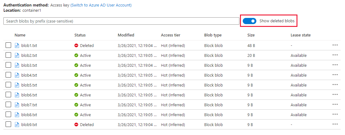 Screenshot che mostra come elencare i BLOB eliminati  soft-delete in portale di Azure