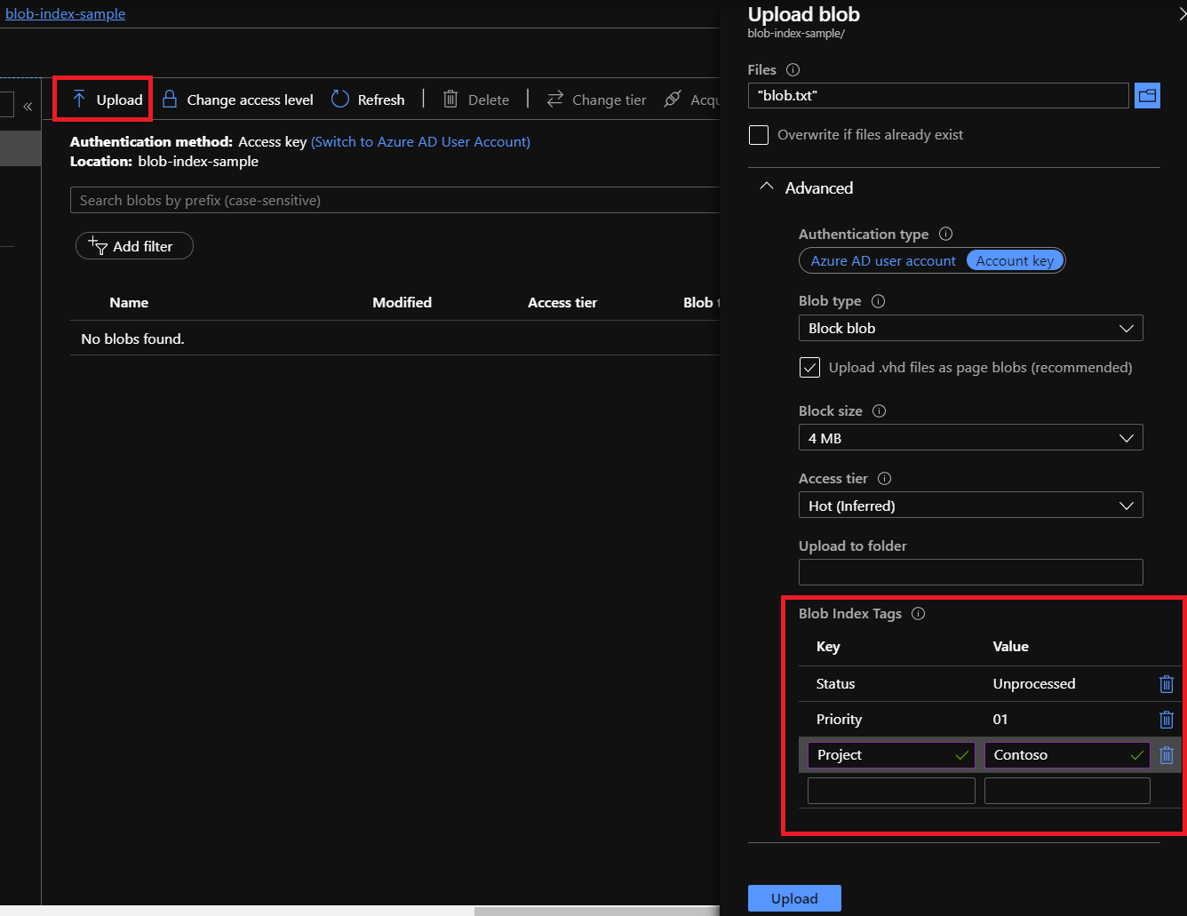 Screenshot del portale di Azure che mostra come caricare un BLOB con tag di indice.