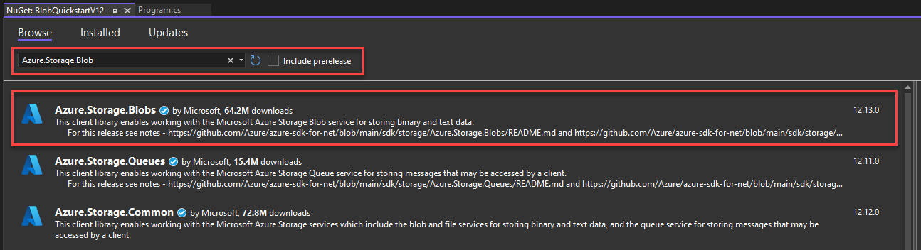 Screenshot che mostra come aggiungere un nuovo pacchetto usando Visual Studio.