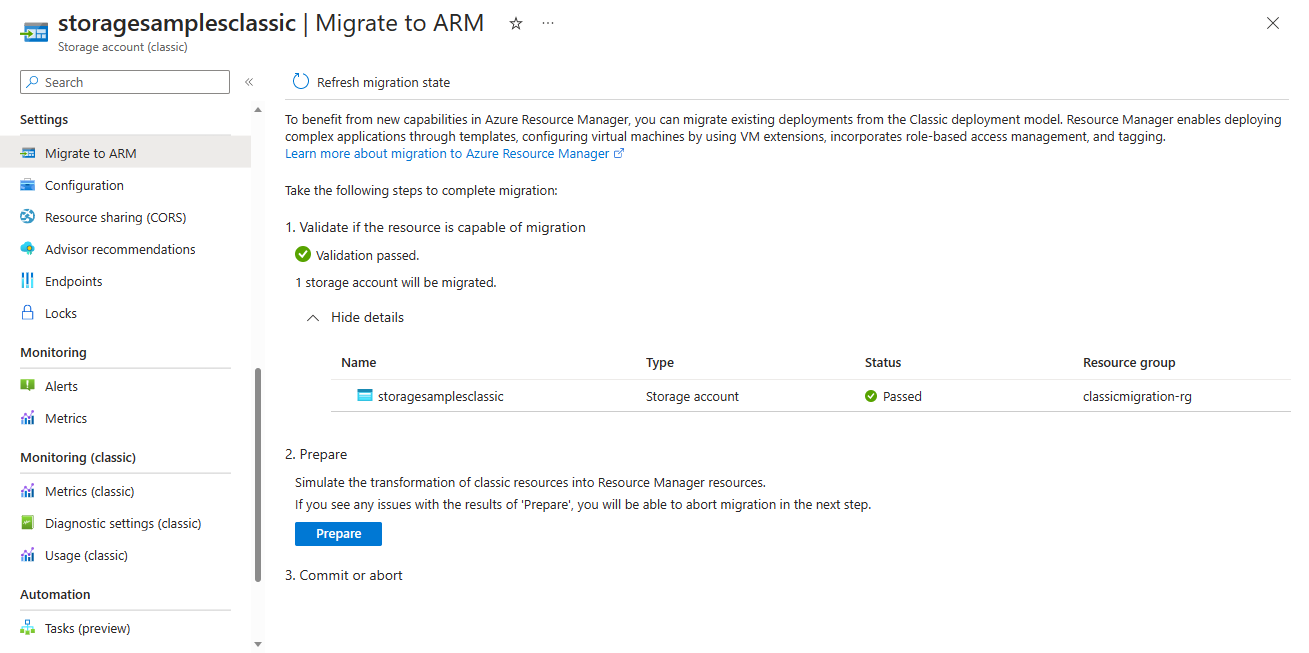 Screenshot che mostra come eseguire la migrazione dell'account di archiviazione classico ad Azure Resource Manager.