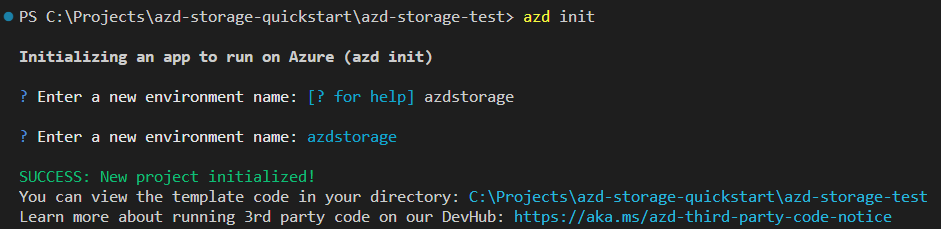 Screenshot che mostra il comando init dell'interfaccia della riga di comando per sviluppatori di Azure.