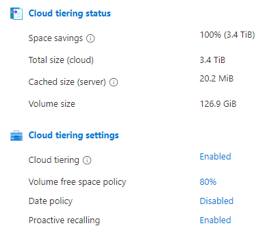 Screenshot showing cloud tiering status and settings summary.