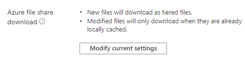 An image showing the Azure file share download behavior for a server endpoint currently in effect and a button to open a menu that allows to change it.