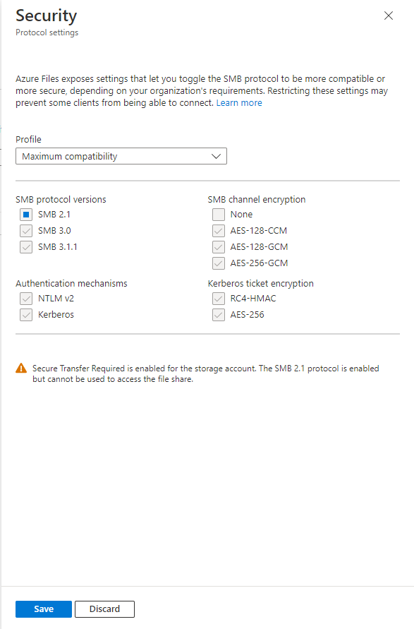 Screenshot che mostra la finestra di dialogo per modificare le impostazioni di sicurezza SMB per le versioni del protocollo SMB, la crittografia del canale SMB, i meccanismi di autenticazione e la crittografia dei ticket Kerberos.