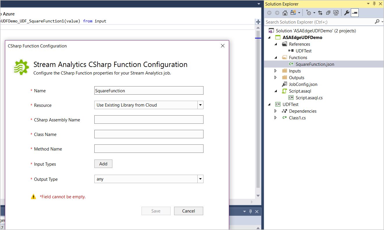 Configurazione di una funzione C sharp in Visual Studio