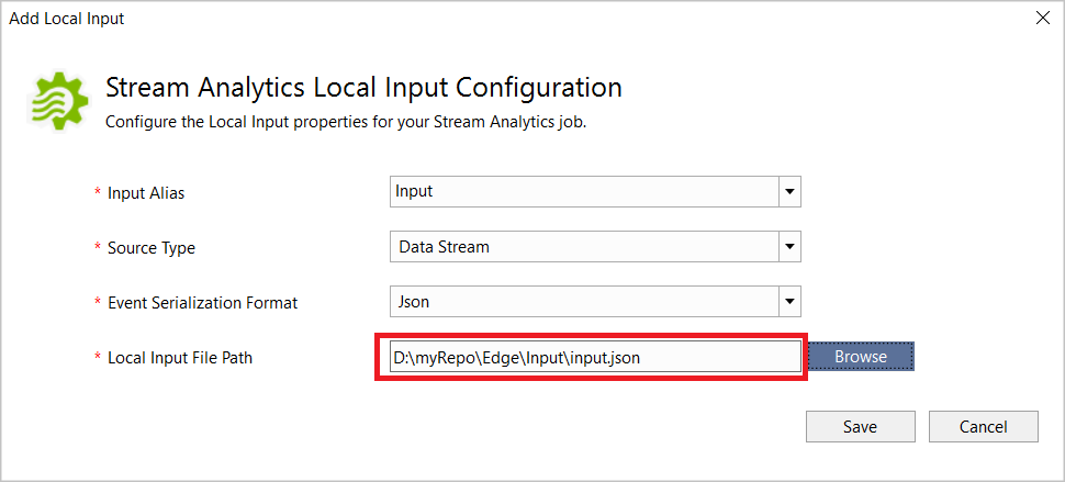 Configurazione dell'input locale per il processo di Analisi di flusso in Visual Studio