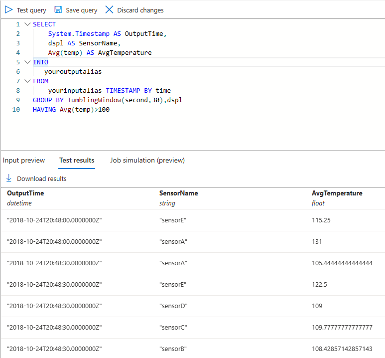 Screenshot che mostra la query con una finestra di tumbling.