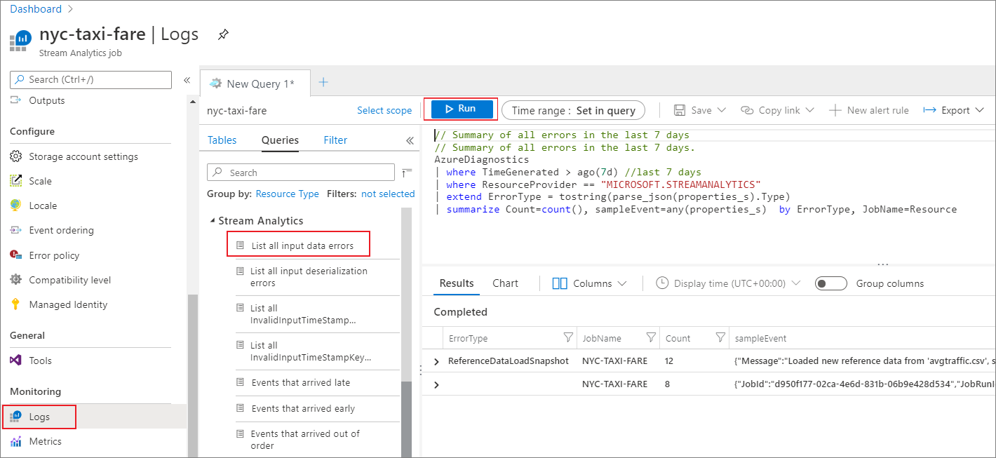 Screenshot che mostra i log per un processo di Analisi di flusso.