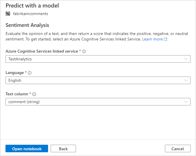 Screenshot that shows selections for configuring sentiment analysis.