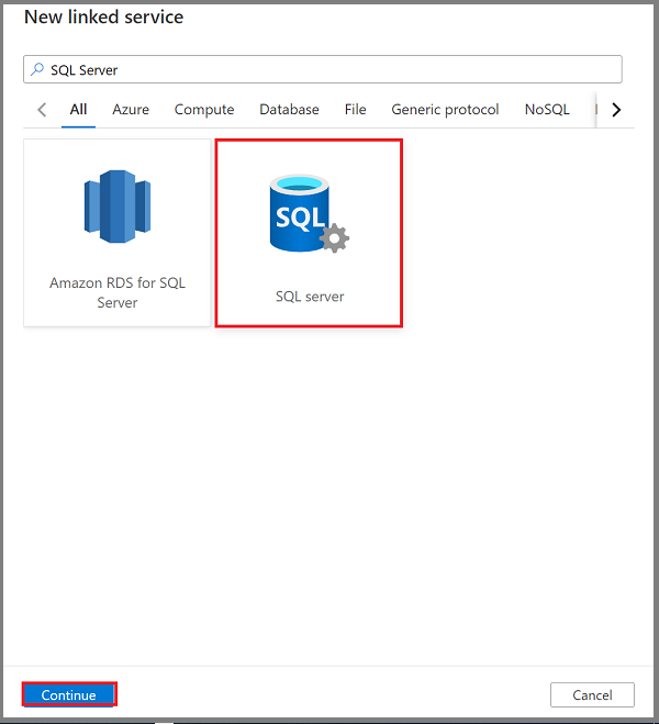 Screenshot che mostra come creare un servizio collegato di SQL Server.