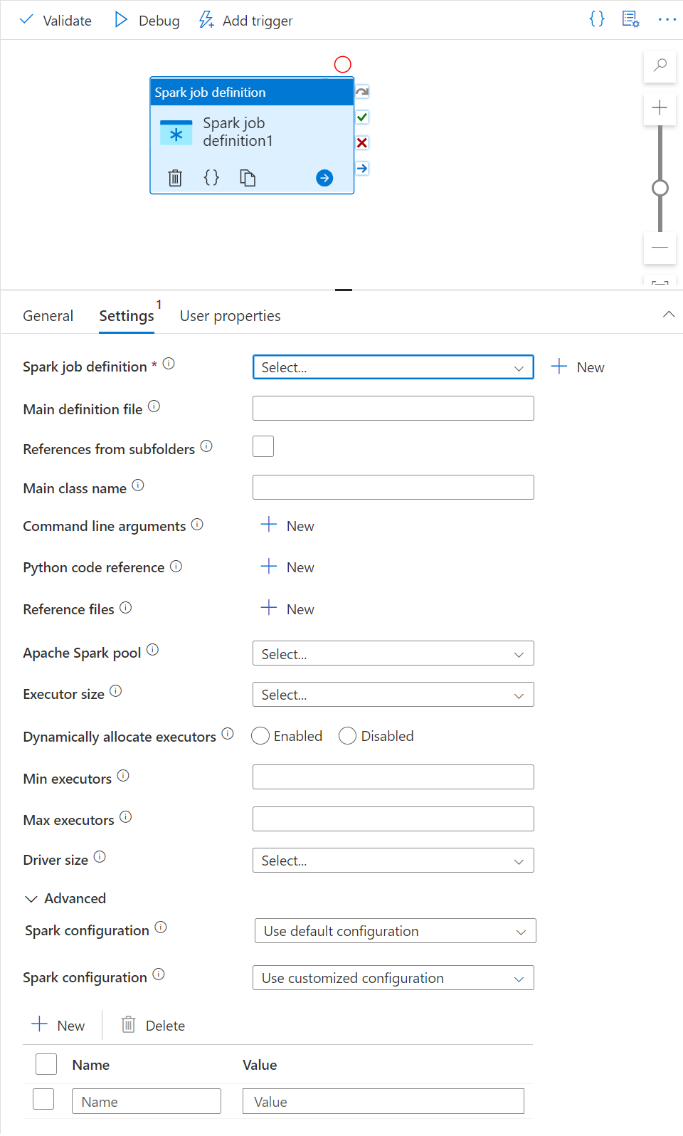 spark job definition pipline settings