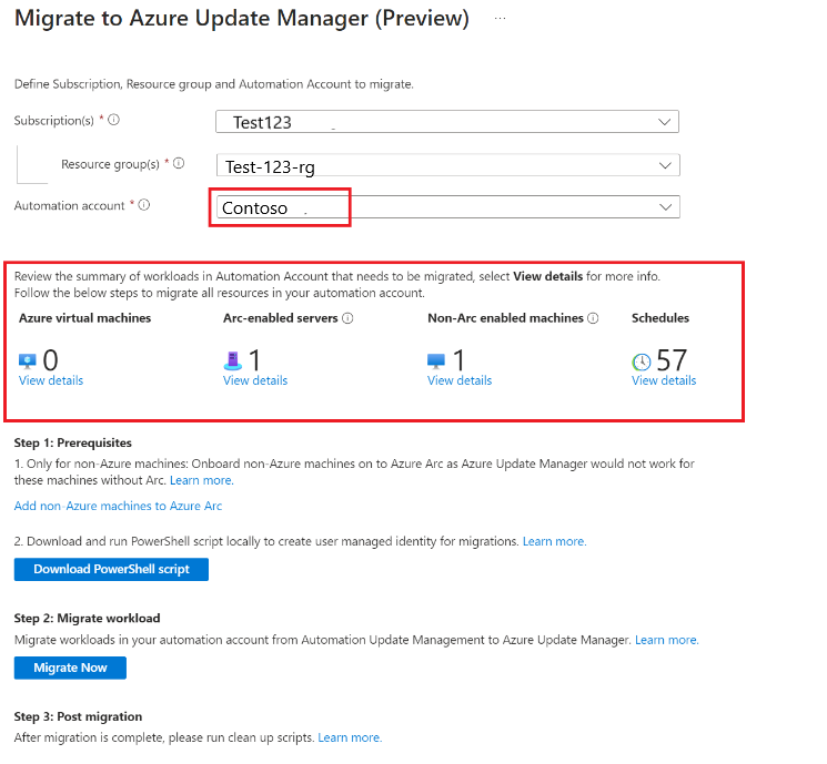 Screenshot che mostra come eseguire la migrazione di tutte le risorse dall'account di Automazione.