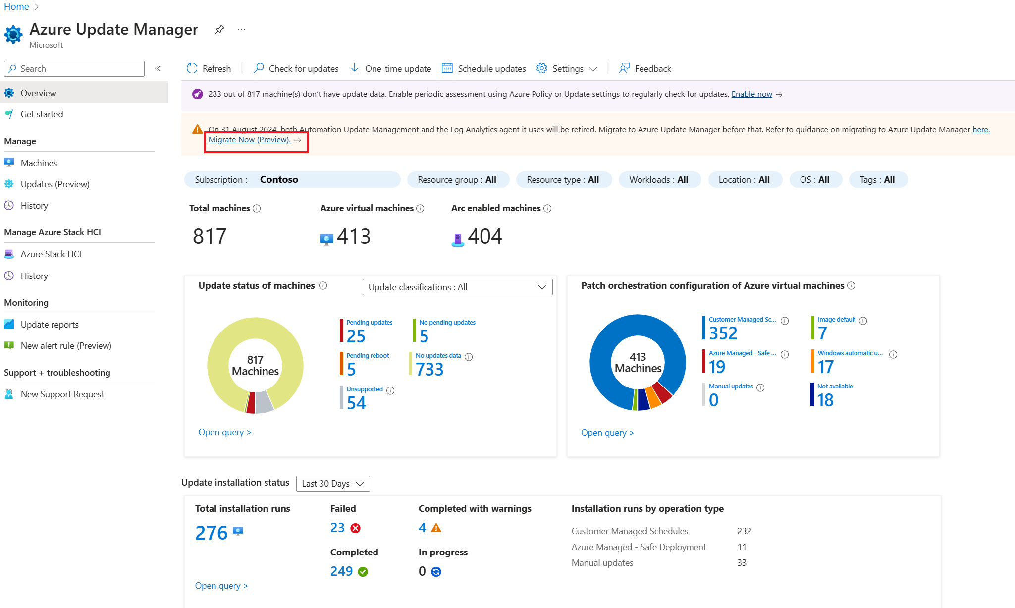 Screenshot che mostra come eseguire la migrazione dal punto di ingresso di Azure Update Manager.