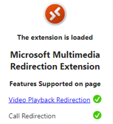 Screenshot del menu dell'estensione di reindirizzamento multimediale. Sia il reindirizzamento della riproduzione video che il reindirizzamento delle chiamate sono abilitati, visualizzati da un cerchio verde con un segno di spunta bianco all'interno accanto a ognuno di essi.
