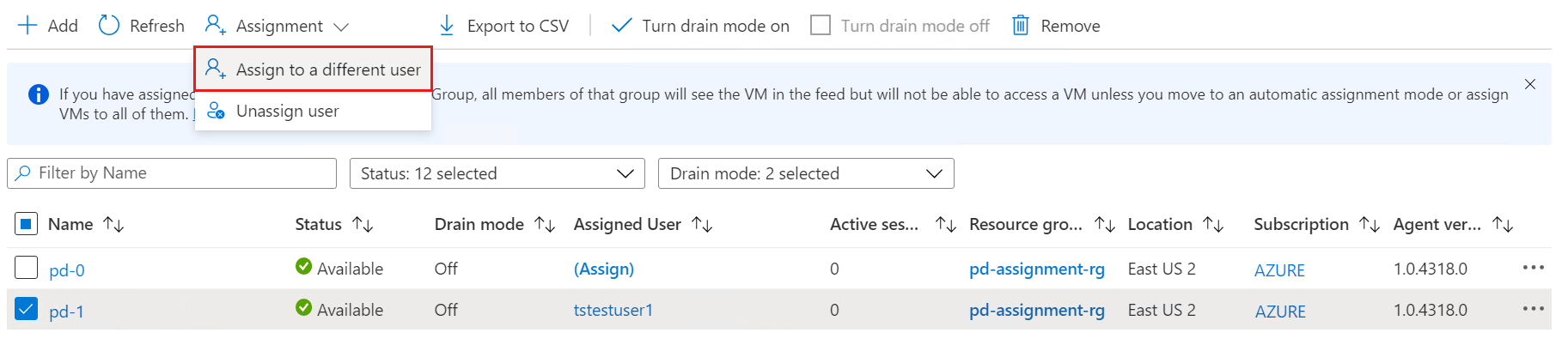 A screenshot of the assign to a different user menu option from the assignment menu for reassigning a personal desktop.