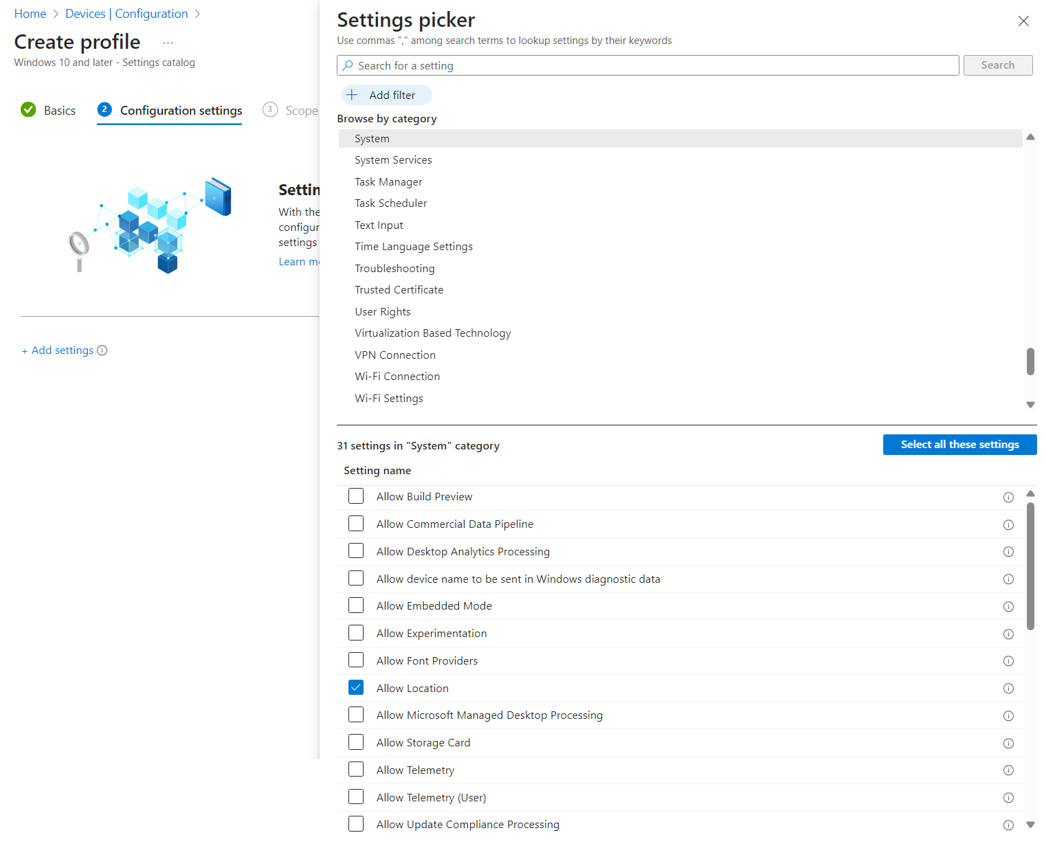 Screenshot che mostra le opzioni di reindirizzamento dei dispositivi e delle risorse nel portale di Microsoft Intune.