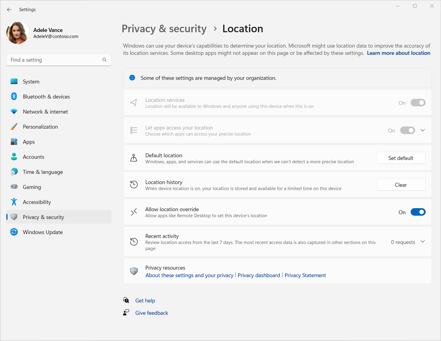 Screenshot che mostra le impostazioni della posizione nell'app Impostazioni di Windows.