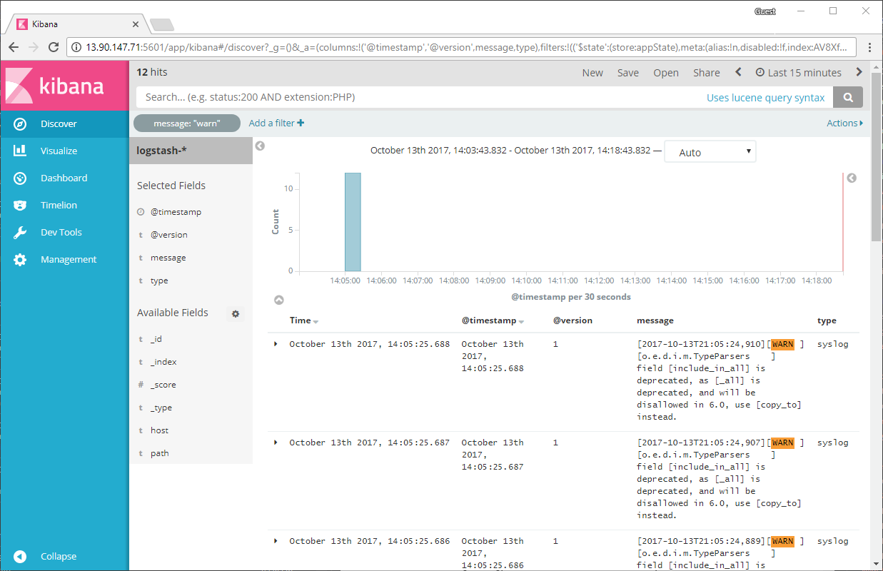 Sfogliare gli eventi Syslog in Kibana