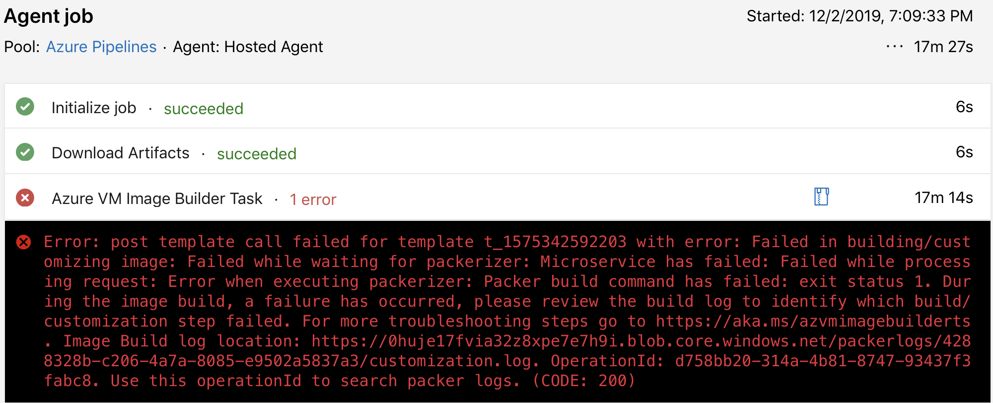 Screenshot di un errore di attività DevOps di esempio che descrive l'errore e fornisce il percorso del file customization.log.