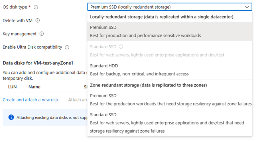 Screenshot dei dischi supportati per una zona selezionata da Azure.