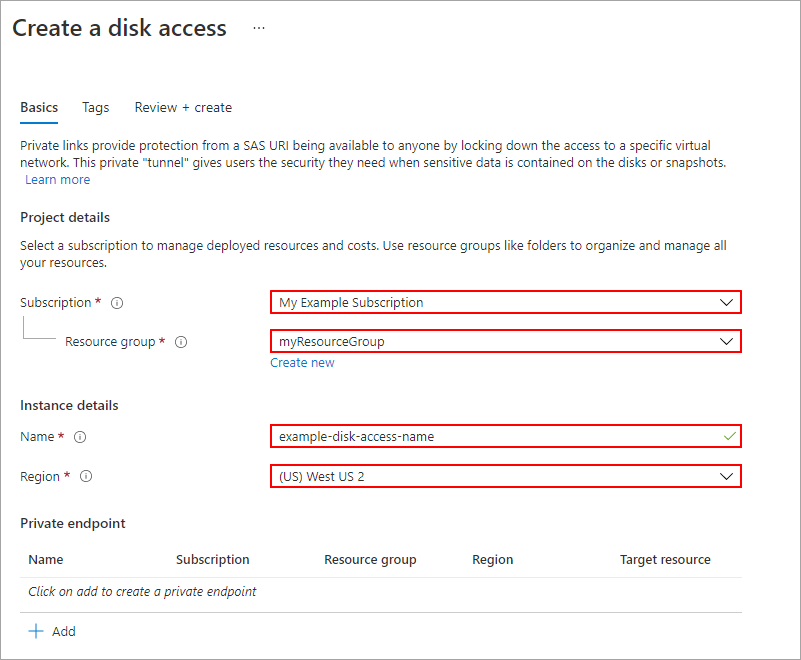 Screenshot of disk access creation pane. Fill in the desired name, select a region, select a resource group, and proceed.