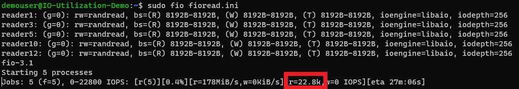 Screenshot dell'output f i o che mostra r=22.8k evidenziato.