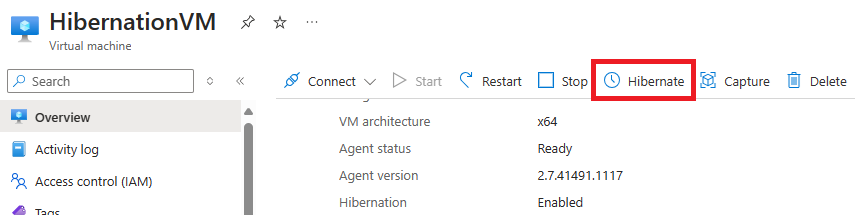 Screenshot del pulsante per ibernare una macchina virtuale nel portale di Azure.