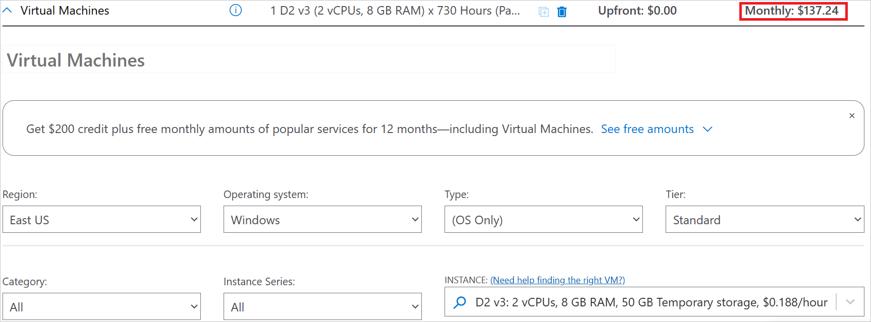 Screenshot che mostra la sezione stima e le opzioni principali disponibili per le macchine virtuali.