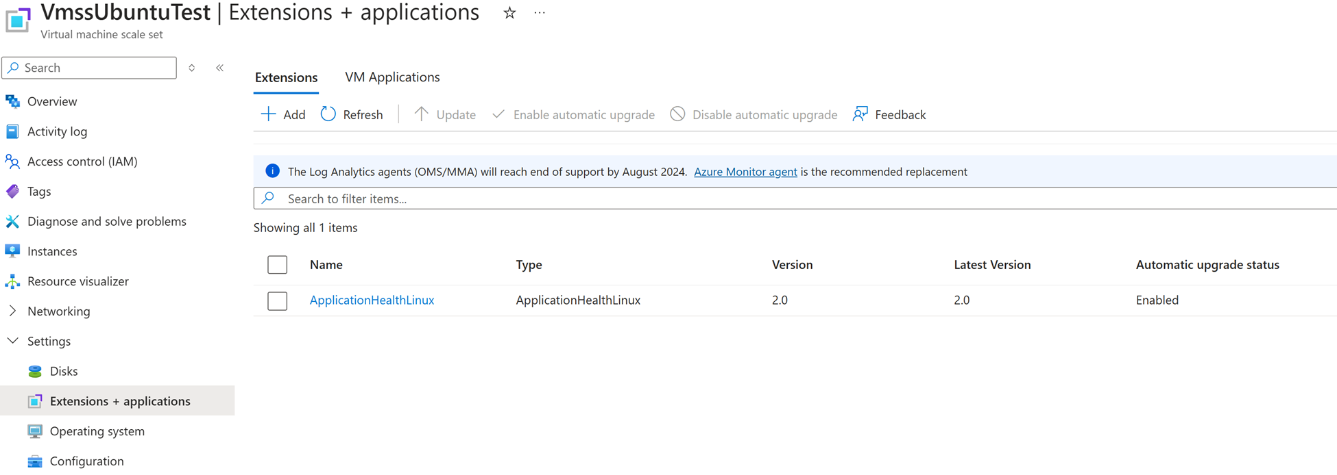 Screenshot che mostra l'installazione dell'estensione Integrità applicazioni in un set di scalabilità di macchine virtuali Linux.