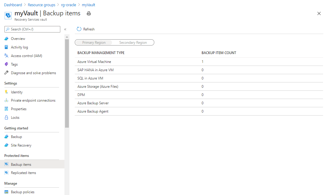 Screenshot that shows details for a Recovery Services vault.