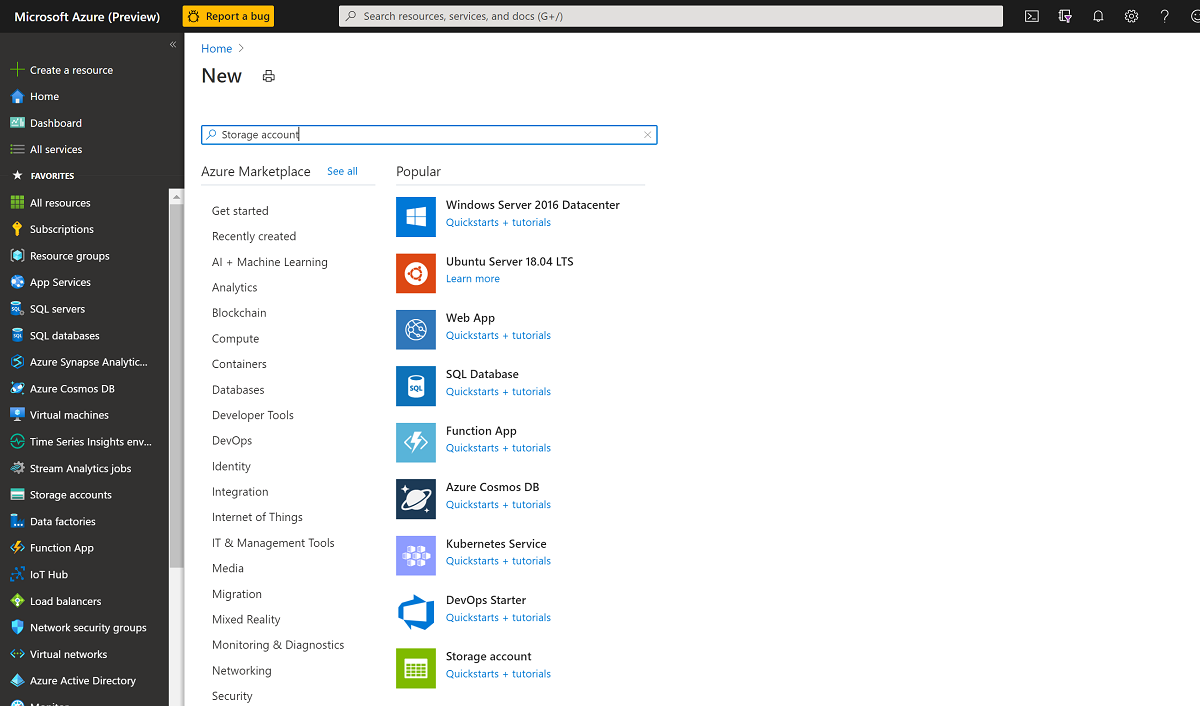 Screenshot che mostra dove creare una risorsa e selezionare un account di archiviazione.