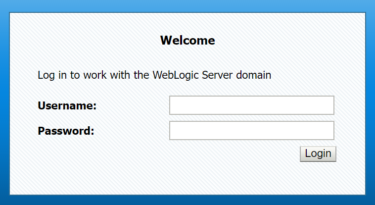 Screenshot della schermata di accesso dell'amministratore di WebLogic Server.