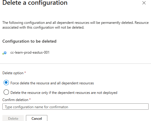 Screenshot del riquadro per l'eliminazione di una configurazione.