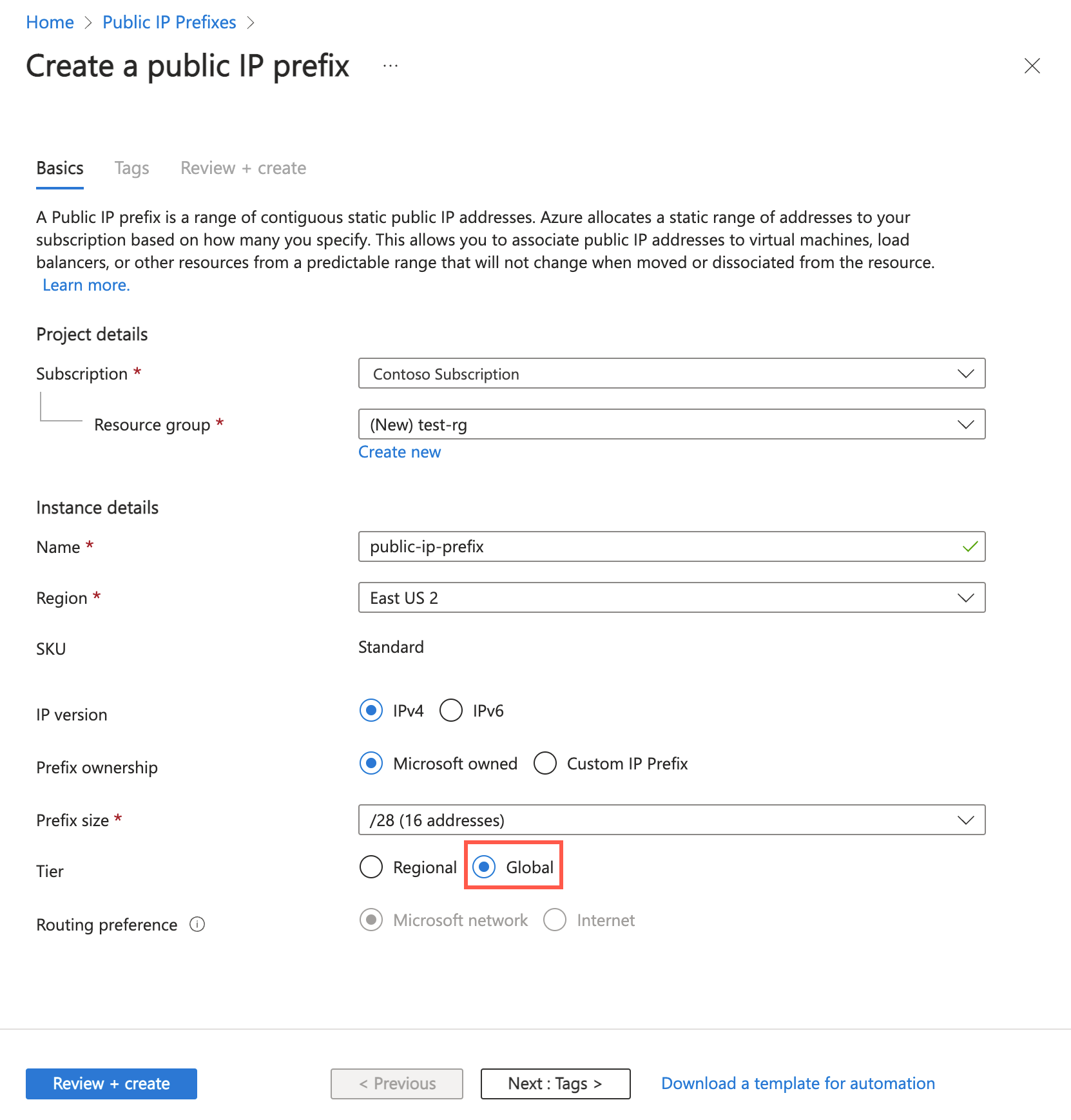 Screenshot della creazione del prefisso dell'indirizzo IP pubblico con il livello globale nel portale di Azure.