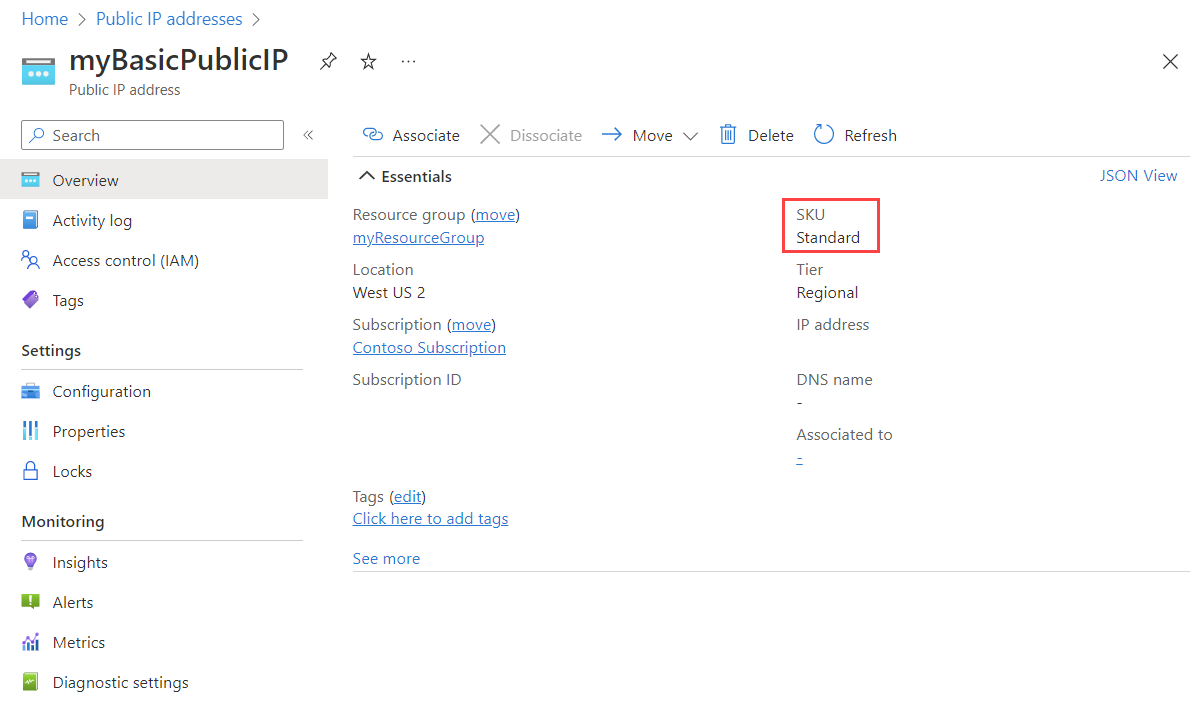 Screenshot che mostra l'indirizzo IP pubblico è lo SKU standard.