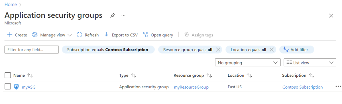 Screenshot of existing application security groups in Azure portal.