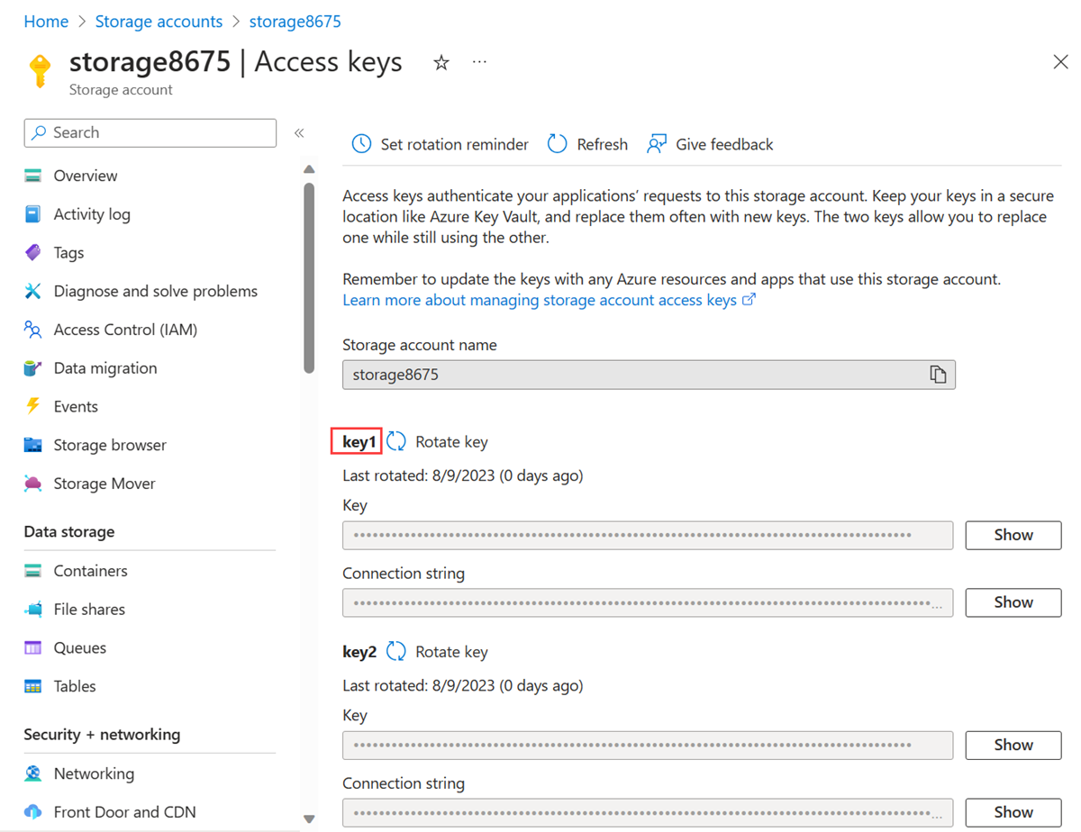 Screenshot della chiave di accesso dell'account di archiviazione.