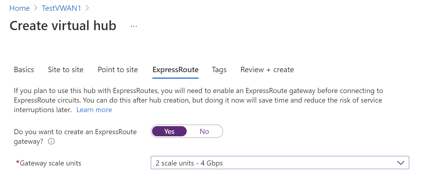Screenshot che mostra le unità di scala del gateway per ExpressRoute.